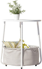 Homy Casa Modern Round End Table with Fabric Basket, Small Side Table Nightstand for Bedroom Nursery with Fabric Storage Basket for Living Room and Bedroom, White