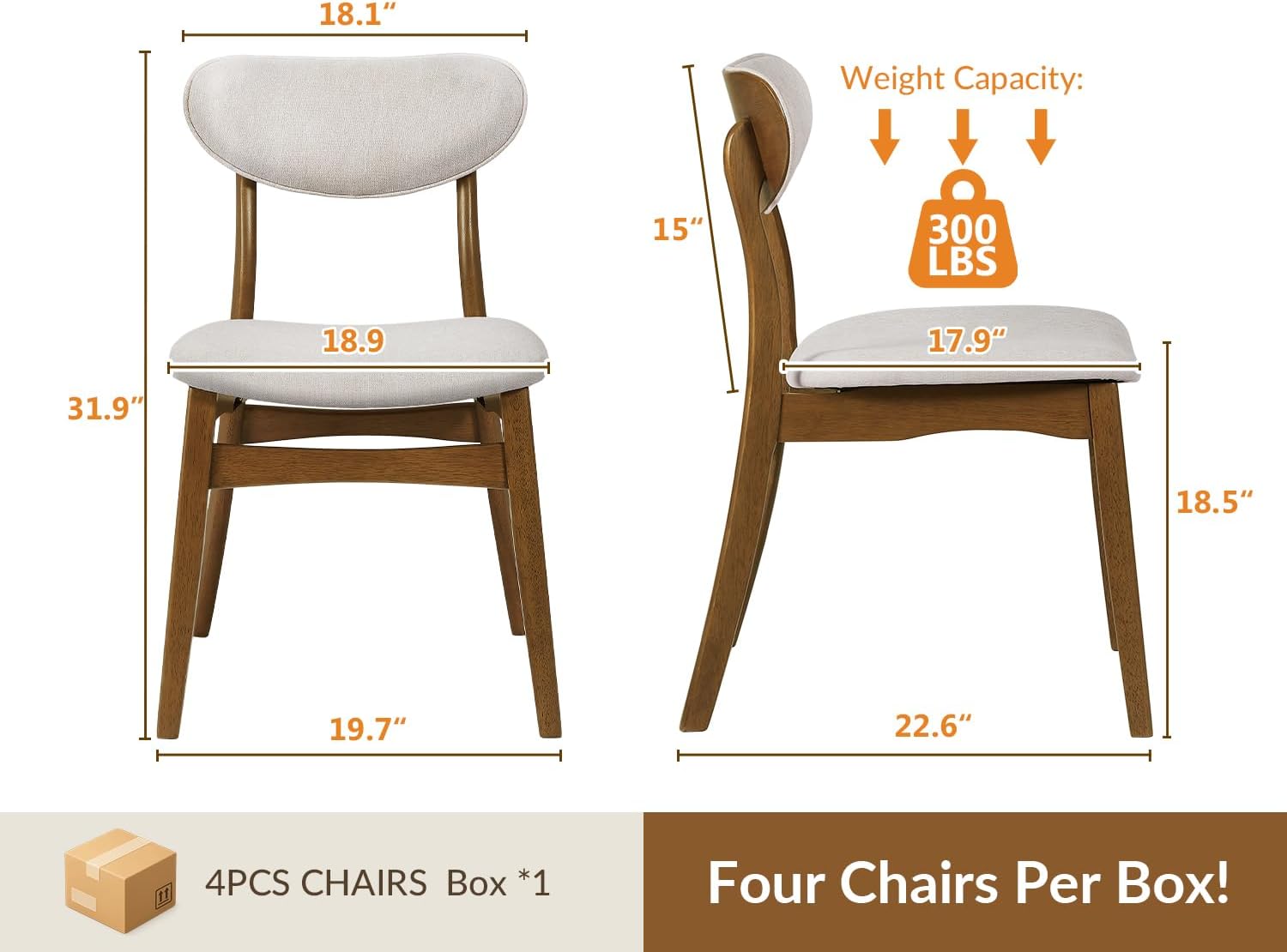 Wooden Dining Chairs Set of 4 - Farmhouse Fabric Upholstered Kitchen Chairs with Curved Back, Solid Wood Mid-Century Modern Side Chair for Dining Room, Beige & Walnut
