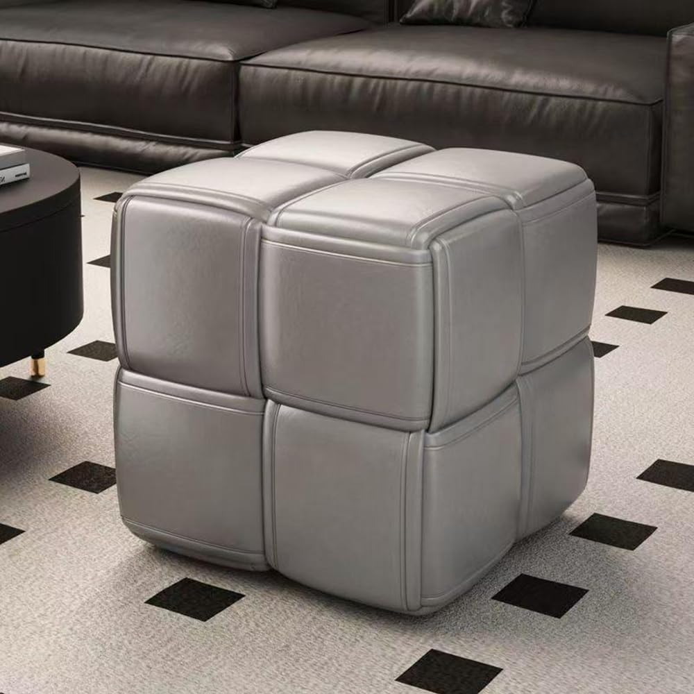 Timati PU Leather Ottoman and Foot Rest, Square Makeup Stool with Solid Wood Frame, Modern Cube Design Padded Sofa Seat Foot Rest Stool for Sofa, Living Room, Bedroom, Dining Room, Balcony (Gray)