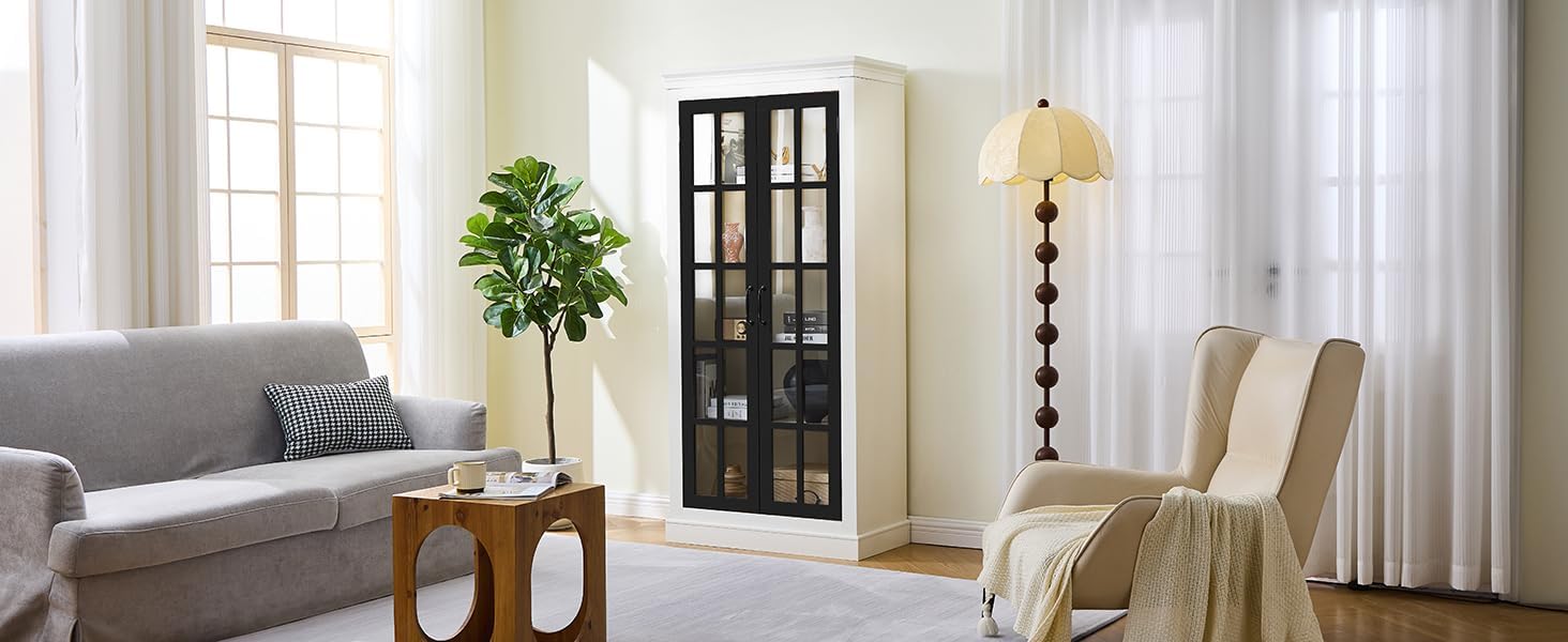 33" D*15.75" W*71.2" H Freestanding Kitchen Pantry with 4 Shelves, Black French Door, Rectangular Kitchen Pantry，for Living Room, Dining Room，White
