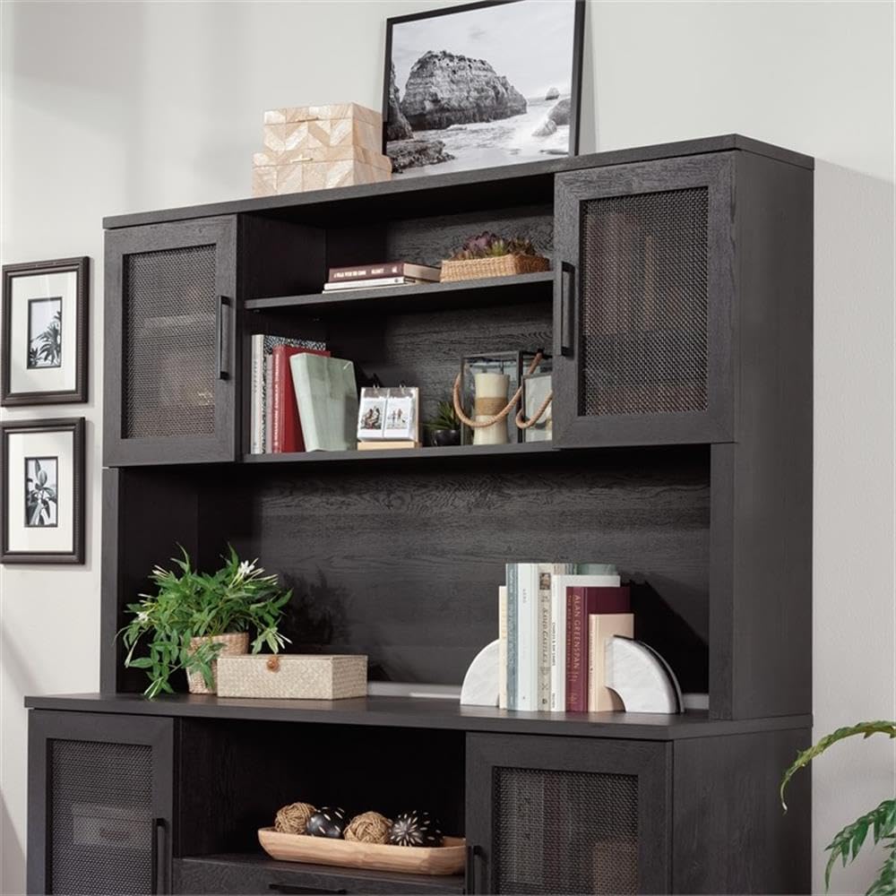Pemberly Row Large Coastal Engineered Wood Hutch, Raven Oak Finish, 42 in x 66 in x 11 in, Adjustable Shelves, Rattan Doors, Cord Management, Office Storage Attachment for Desk or Credenza