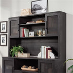 Pemberly Row Large Coastal Engineered Wood Hutch, Raven Oak Finish, 42 in x 66 in x 11 in, Adjustable Shelves, Rattan Doors, Cord Management, Office Storage Attachment for Desk or Credenza