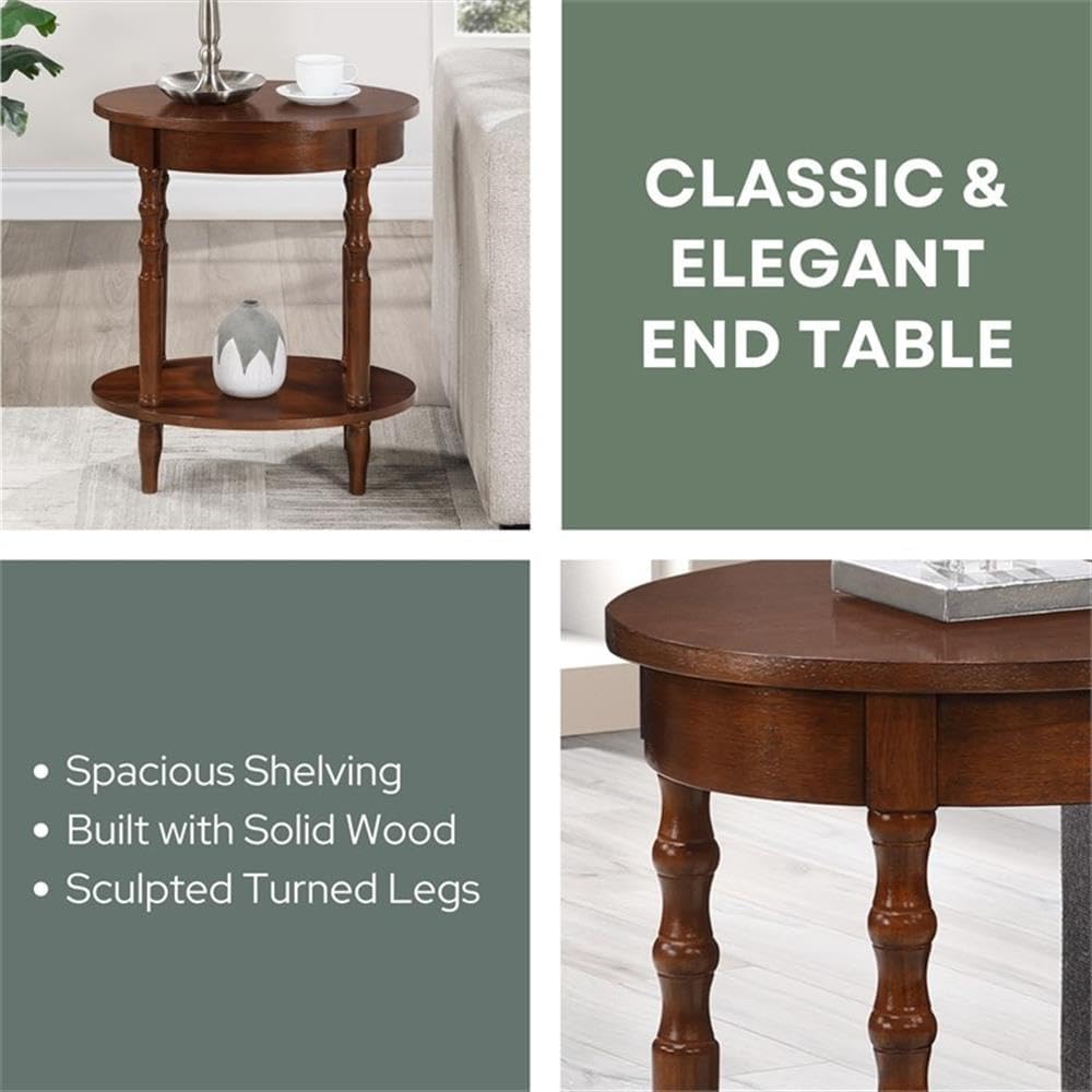 Pemberly Row Oval End Table with Shelf, 20.5 x 15.25 x 24.25 in, Solid Wood Legs, Espresso Veneer Finish, Bottom Shelf Storage, Classic Accent Table for Living Room or Bedroom Use