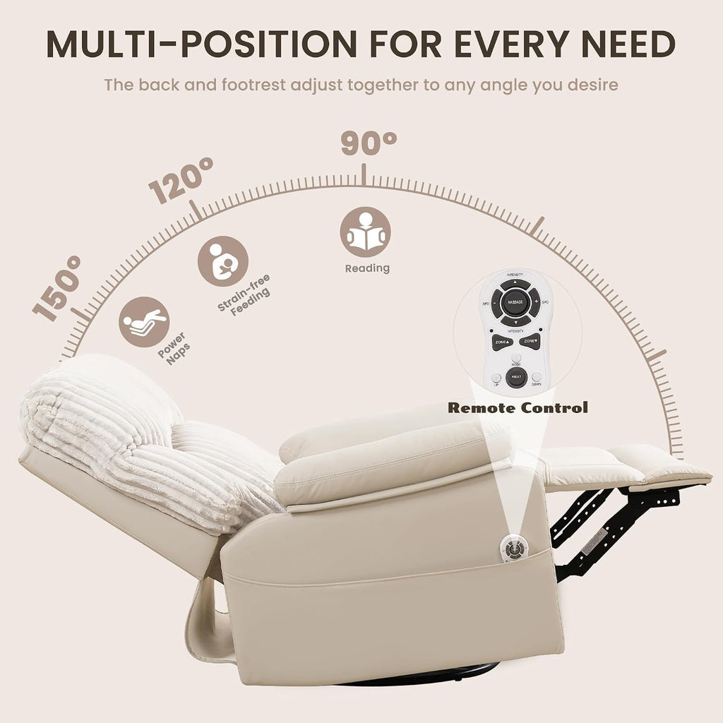 GRAINELL Swivel Rocker Recliner Chair with Massage and Heat, USB Charging Port, Infinite Position Power Recliner, Electric Glider Rocking Chairs for Living Room, Nursery, Ivory