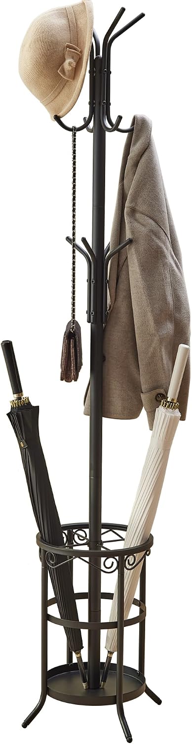 GHWIE Freestanding Coat Rack Stand with Umbrella Holder and Hat Hanger Organizer Rack