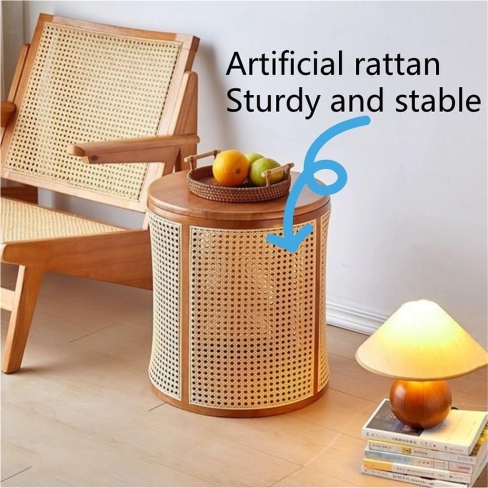 Round Rattan Storage Side Table Wooden Stool Stylish Woven Storage Solution Versatile Coffee Table for Living Room Balcony Practical(Black)