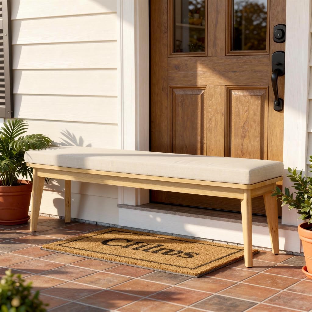 Wisteria Lane Acacia Outdoor Bench with Removable and Washable Cushion, 59" L×15.82" W Porch Bench, All-Weather Solid Wood Outside Chair for Proch Garden, Lawn