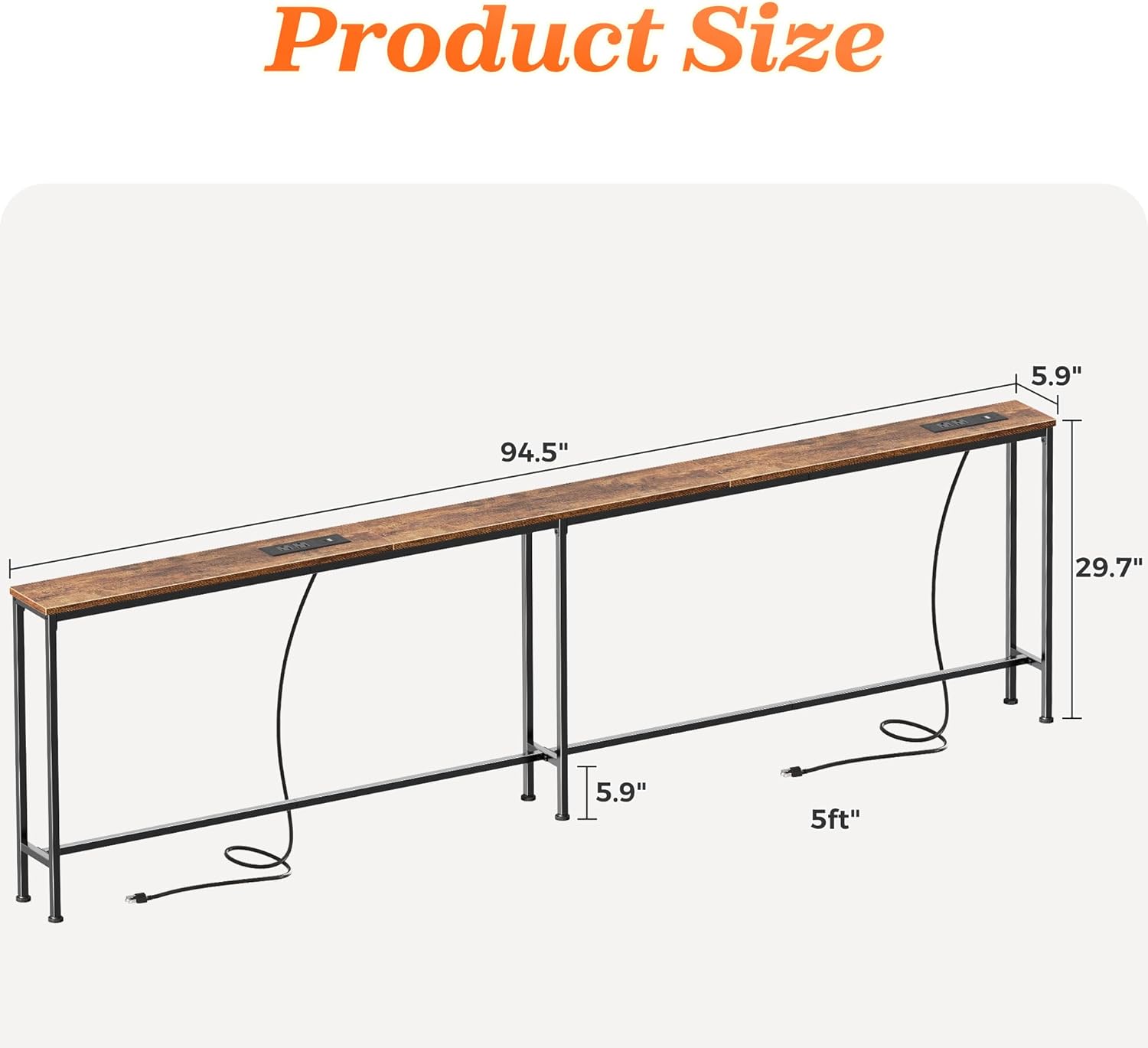 SUPERJARE 94.5 Inch Sofa Table with 2 Power Outlets and USB-C Ports, 5.9 Inch Narrow Console Table with Storage, Long Entryway Hallway Couch Table Behind Sofa, Small Spaces, Living Room, Rustic Brown