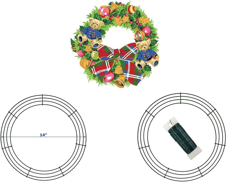 14 Inch Christmas Green Wire Wreath Frame,2 Pack Metal Front Door Wreath Round Form Iron Ring for Christmas, New Year Decors, Crafts, DIY, Holidays, Events
