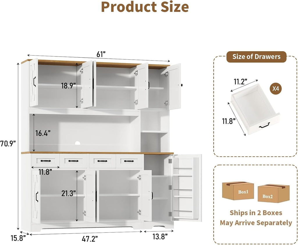 Kitchen Pantry Cabinet, 71" Farmhouse Coffee Bar Storage Cabinet with 6 Doors & 4 Drawers, Kitchen Storage Cabinet with Adjustable Shelves, Waterproof Pantry Cabinet for Dining Room, White