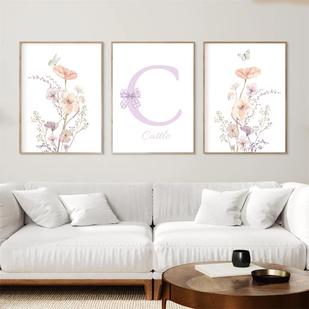 NATVVA Custom Wildflowers Wall Art Poster Set Of 3 Personalised Initial Name Sign Canvas Art Prints Painting Picture Artwork Home Baby Girl Nursery Decoration No Frame