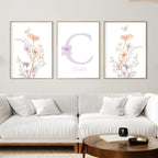 NATVVA Custom Wildflowers Wall Art Poster Set Of 3 Personalised Initial Name Sign Canvas Art Prints Painting Picture Artwork Home Baby Girl Nursery Decoration No Frame