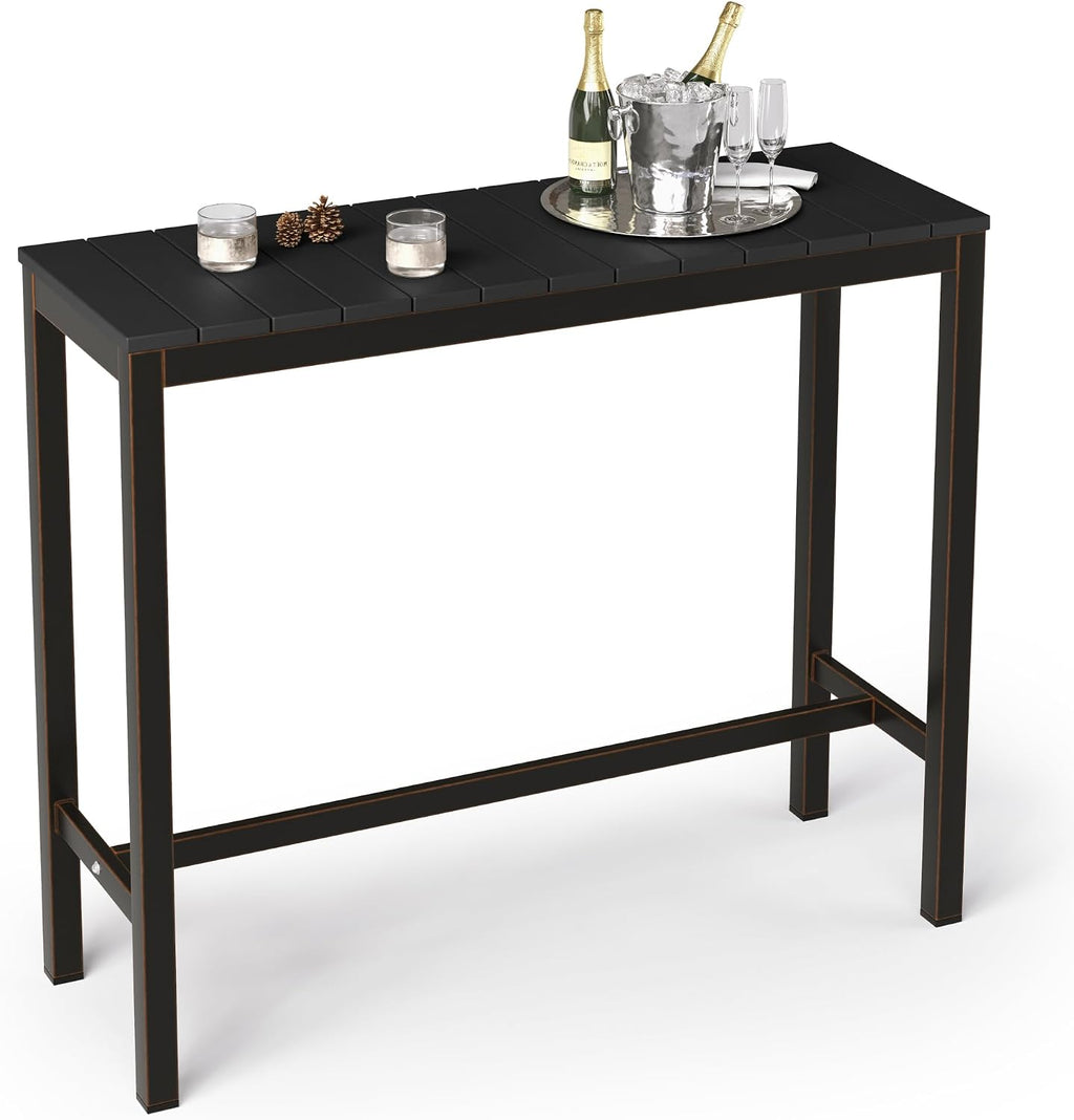Cozyman Outdoor Bar Table, 45" Patio Bar Height Counter Console Table, Black Waterproof HDPS Slatted Top and Bronze Leg, Weather Resistant, Hot Tub, Balcony, Yard, Indoor or Outdoor Use