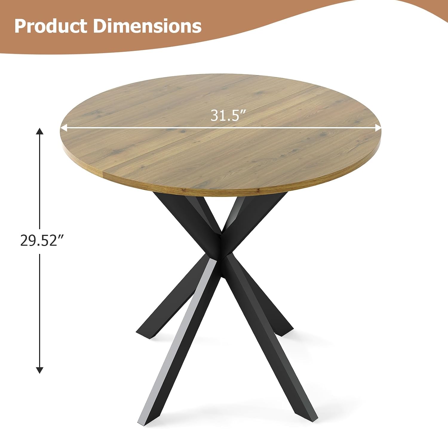 Zevemomo Round Dining Table, 31.5" Small Dining Table for 2-4, Round Kitchen Table with Metal Black Legs, Modern Round Dining Room Table for Kitchen, Apartment, Living Room, Brown