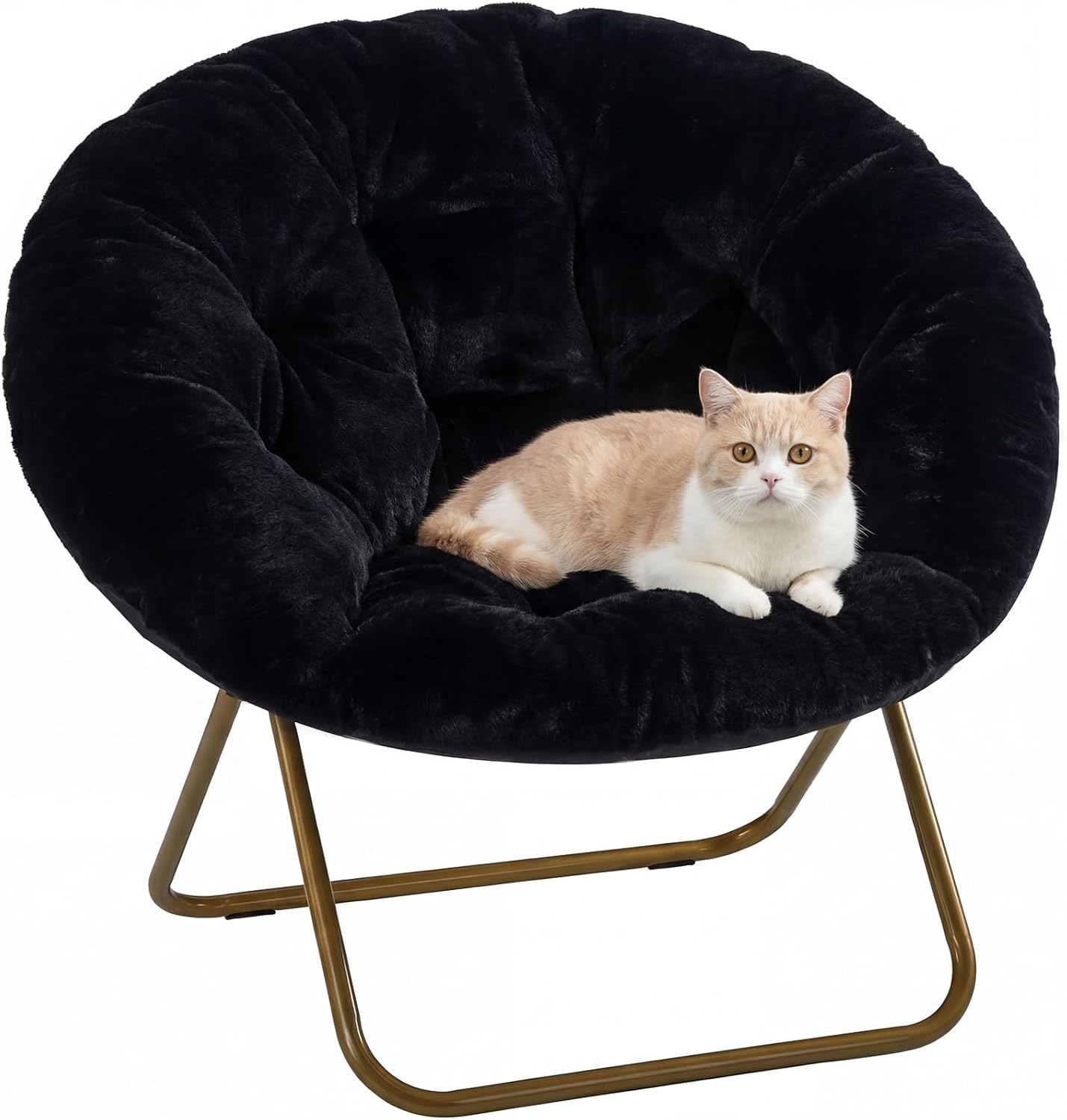 DUMOS Saucer Chair, Cozy Faux Fur Folding Chair with Sturdy Metal Frame, Oversized Soft Plush Round Lounge for Bedroom Living Room Dorm, Anti-Slip Portable Moon Seat, Black