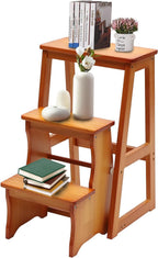 Folding Library Ladder Chair, 3-Step Stool Stepladders Lightweight Portable Multi-Functional Wood Step Ladder for Home,Kitchens, Garages (Honey)