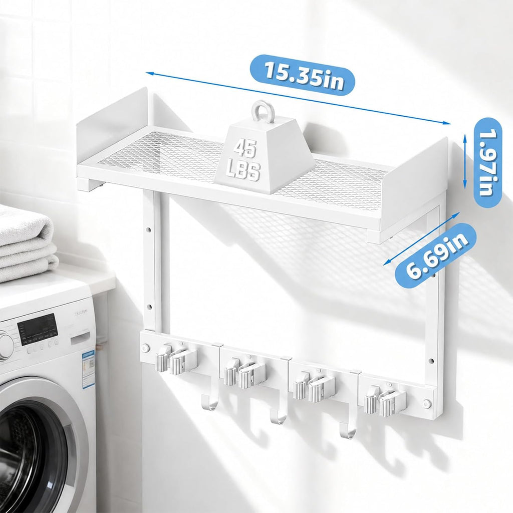 HUFAND Broom Holder Wall Mount, 15" Large Mop and Broom Organizer Wall Hanging with Top Storage Shelf, Heavy Duty Iron Utility Rack for Laundry Room, Garage, Kitchen, Garden - White