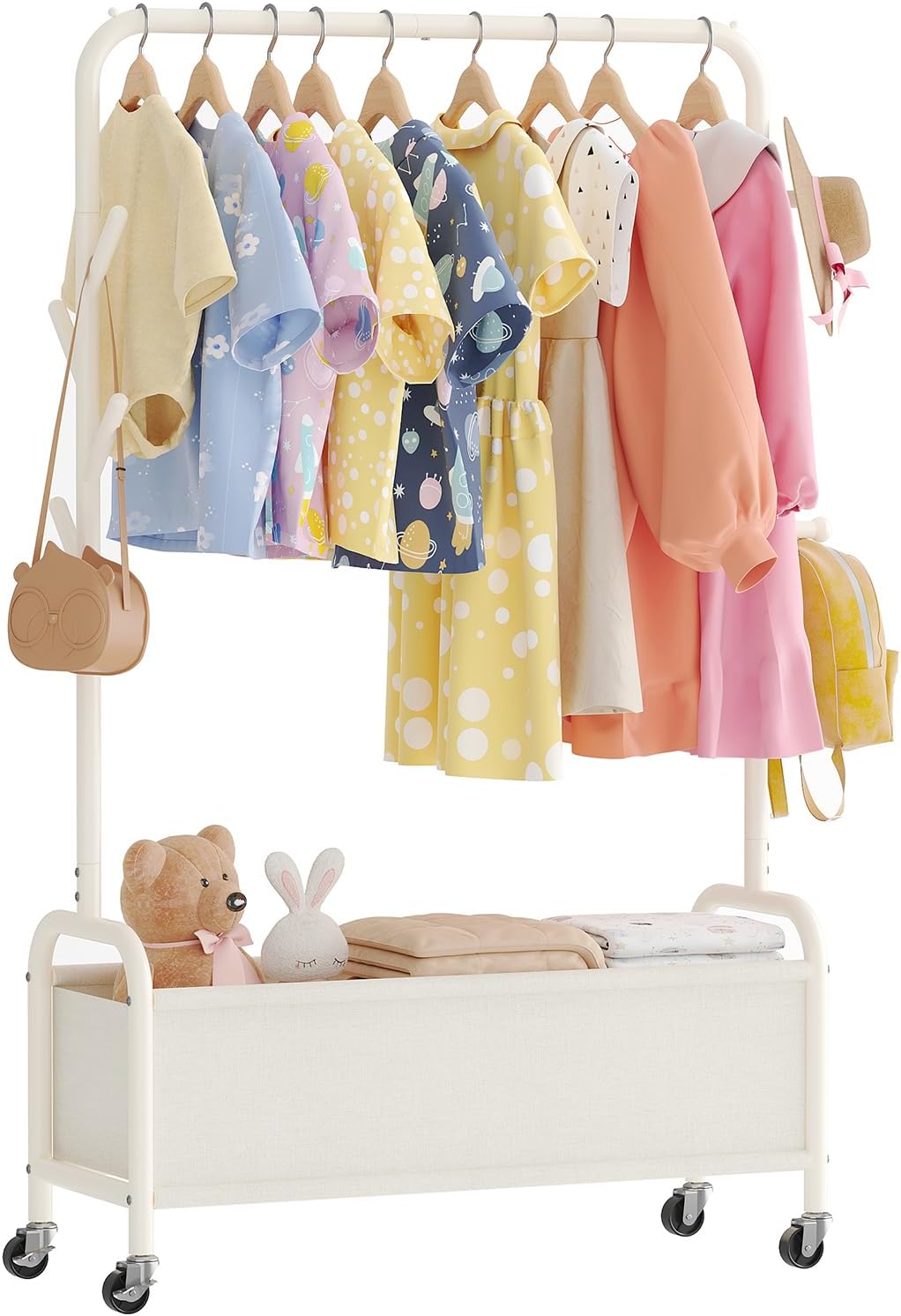 Kids Clothing Rack with Storage Box, Kids Dress Up Storage for Coats, Small Garment Rack for Hanging Clothes, Dress Up Holder with Wheels