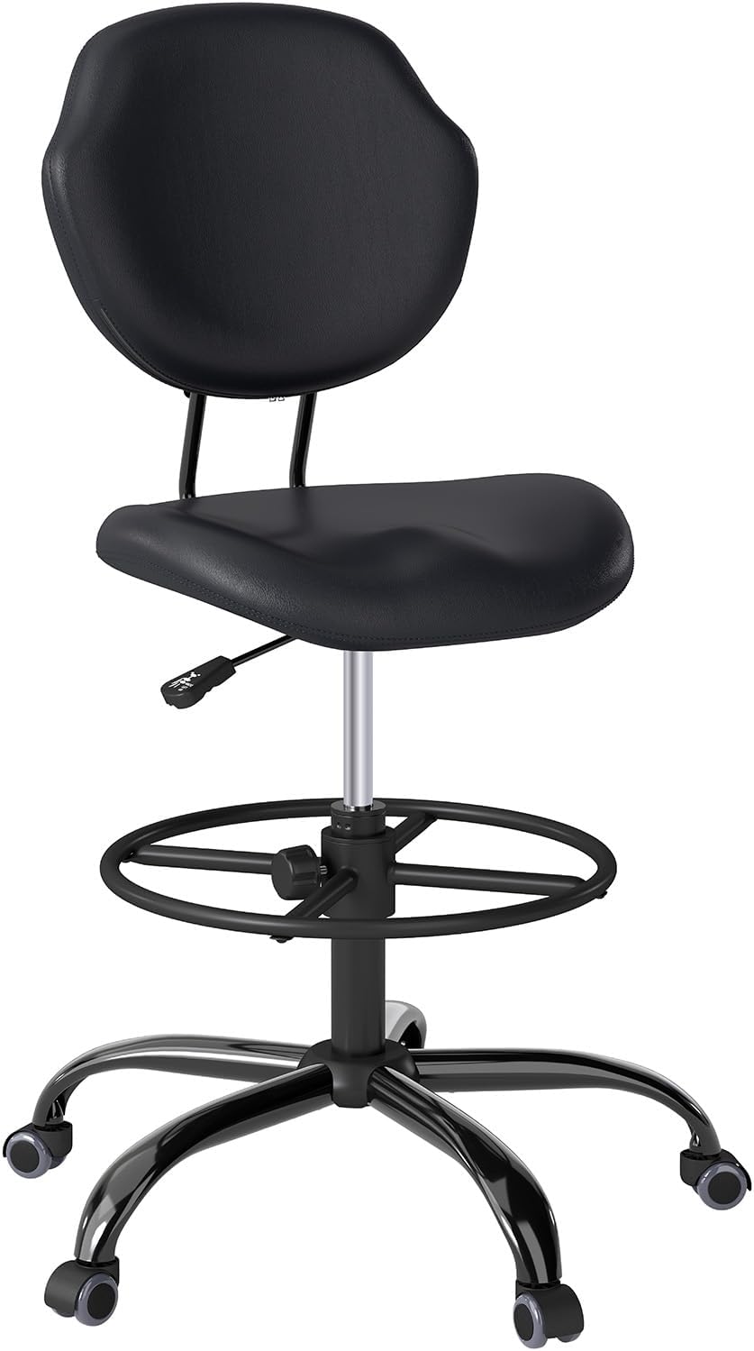 Drafting Chair with Back Support, Tall/High Desk Rolling Stool with Footrest Ring, Faux Leather Office Chair with Height Adjustable for Standing Desk, Home Office, Bar, Workbench & Kitchen(Black)