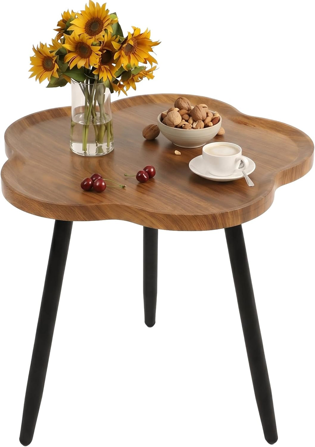 danpinera Round Side Table, Metal Legged Accent Table with Wooden Tray, Flower Tray Small Round End Table for Living Room, Bedroom, Nursery Rustic Brown