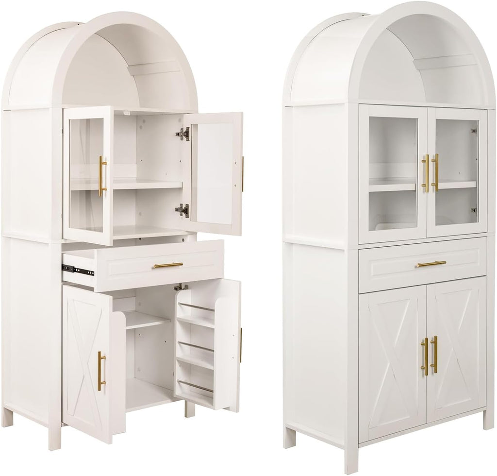 71" Tall Arched Pantry Cabinet Farmhouse Kitchen Pantry with Glass Door, Modern Freestanding Storage Cabinets with Adjustable Shelves & Drawers for Living Room, Kitchen, Dining Room (Arched A, White)