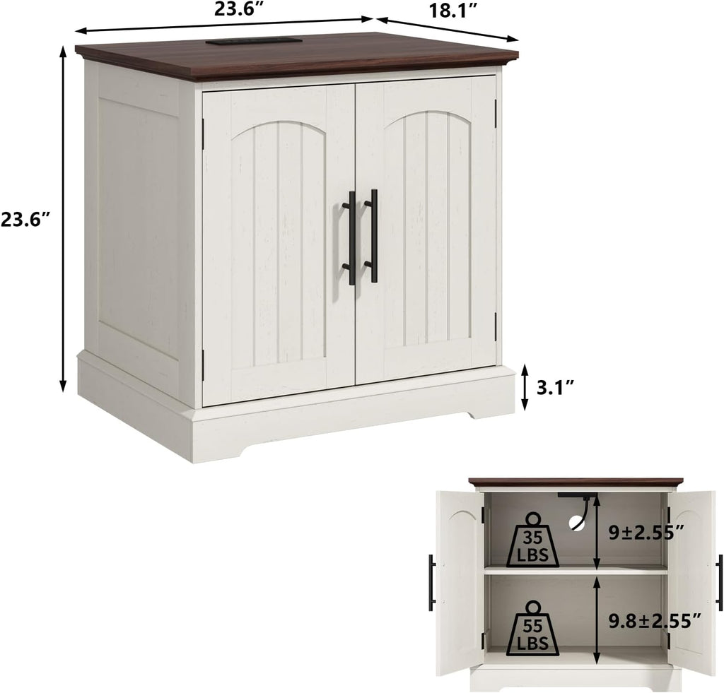 HOKYHOKY Rustic End Table with Charging Station, 24" Large Sofa Side Table with 2 Arched Doors, Farmhouse Wood Square Nightstand Bedside Tables with Adjustable Storage Shelf for Living Room, Bedroom