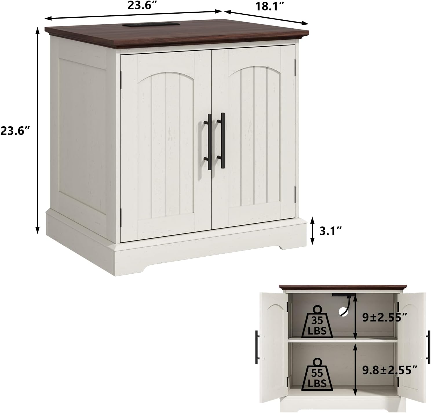 HOKYHOKY Rustic End Table with Charging Station, 24" Large Sofa Side Table with 2 Arched Doors, Farmhouse Wood Square Nightstand Bedside Tables with Adjustable Storage Shelf for Living Room, Bedroom