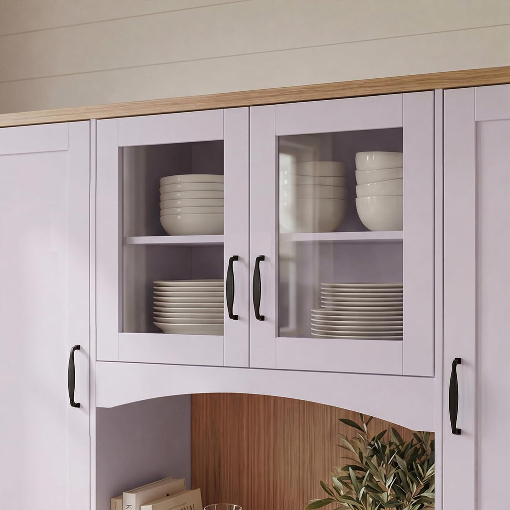 ECACAD 66.9" W Large Kitchen Pantry Storage Cabinet with Countertop & Hutch, Tall Modern Kitchen Cupboard with Glass Doors, Drawers & Adjustable Shelves for Dining Room, Purple & Brown