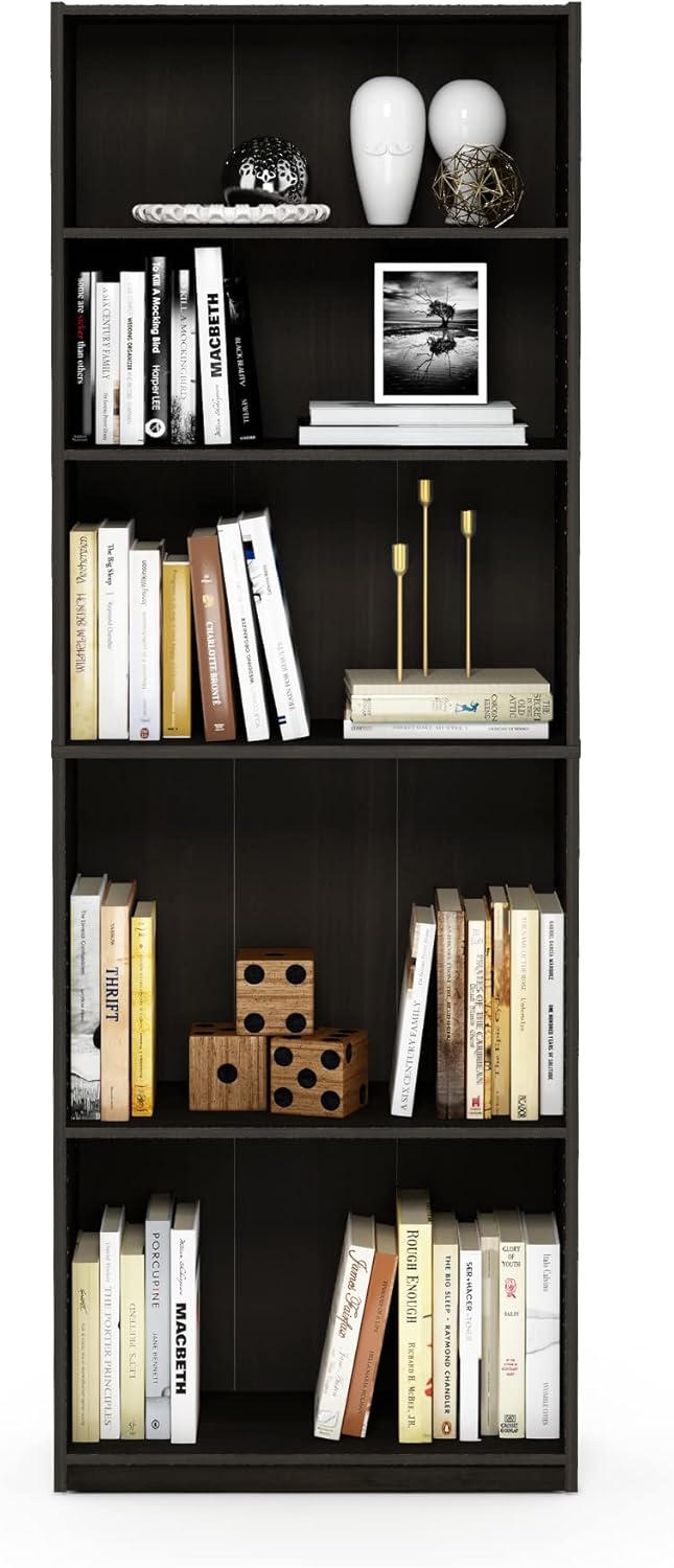 Furinno Jaya Book Shelf, 5-Tier Bookshelf, Tall Standing Bookcase with Adjustable Shelves, 9.5 x 24.5 x 71.2, for Living Room, Bedroom, Home Office, Black Espresso