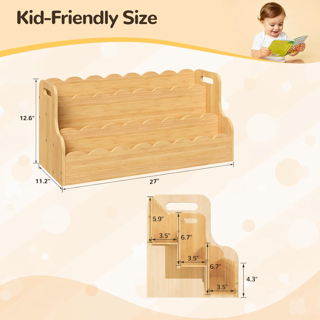ELYKEN Bamboo Kids Bookshelf, Montessori Toddler Bookcase Organizer with Handles for Nursery, Playroom, Bedroom, 3-Tier Natural Children’s Book Shelf