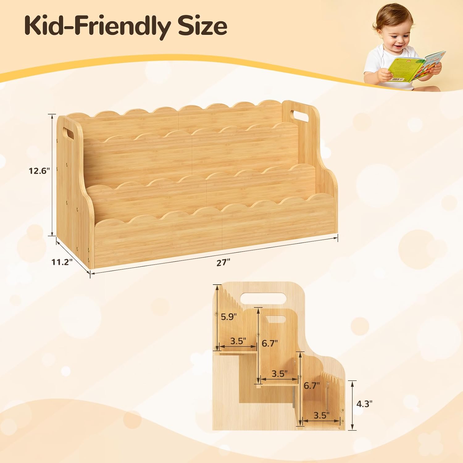ELYKEN Bamboo Kids Bookshelf, Montessori Toddler Bookcase Organizer with Handles for Nursery, Playroom, Bedroom, 3-Tier Natural Children’s Book Shelf