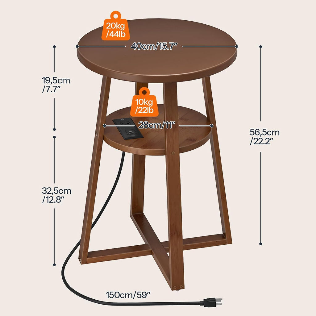 HOOBRO Round Side Table with Charging Station, Round Accent End Table with Bamboo Legs for Living Room, Bedroom, Brown, BR101UBZ01