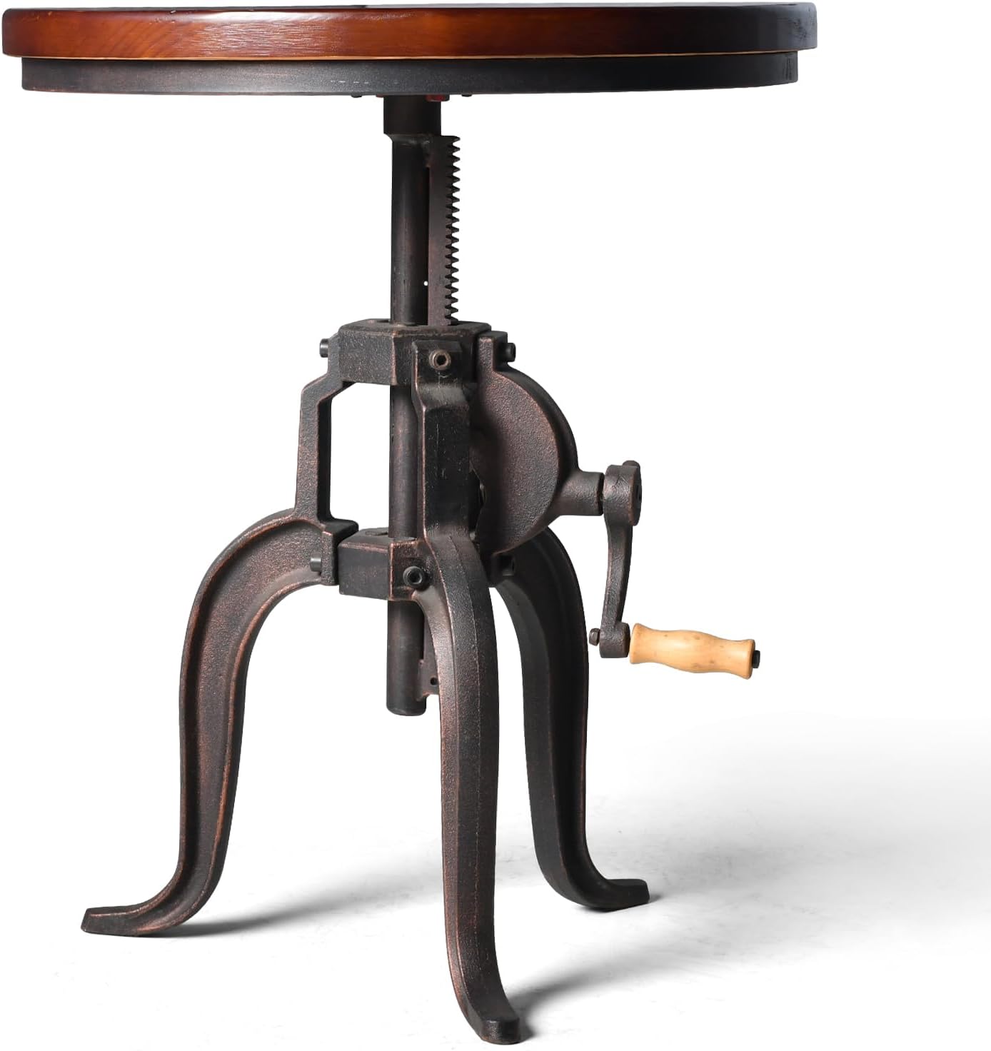 Topower Industrial Retro Side Table Antique Mechanic Crank Height Ajustable Black Walnut Wood Top Three-Legged Farmhouse Accent End Table Copper