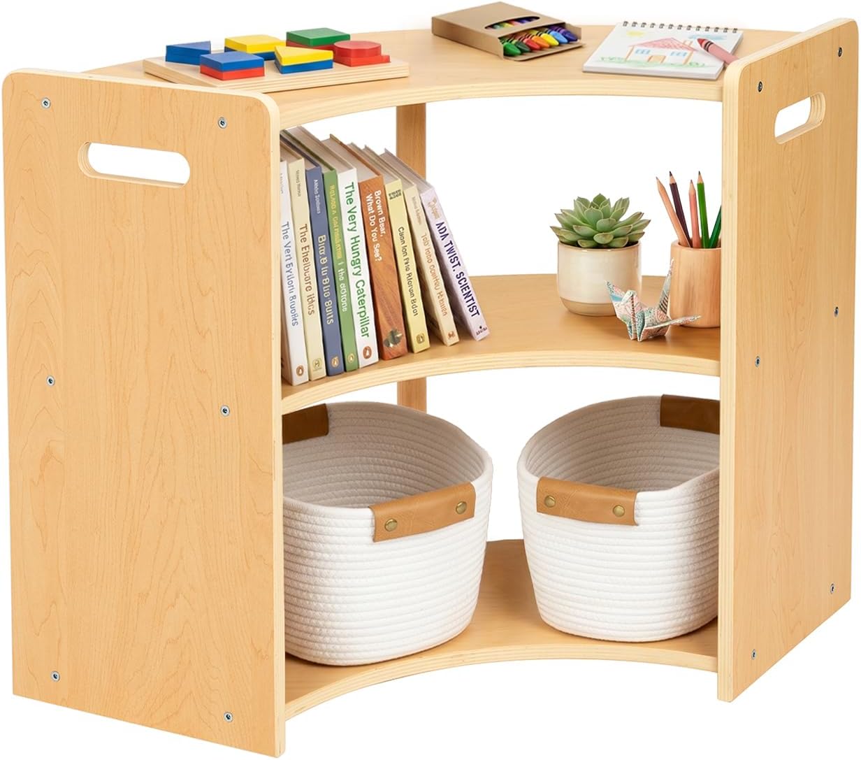 OOOK 2-Tier Montessori Book Shelf, Corner Arc Cabinet with Open Access, Montessori Furniture for Kids Room, Playroom, Nursery, Classroom, Kindergarten