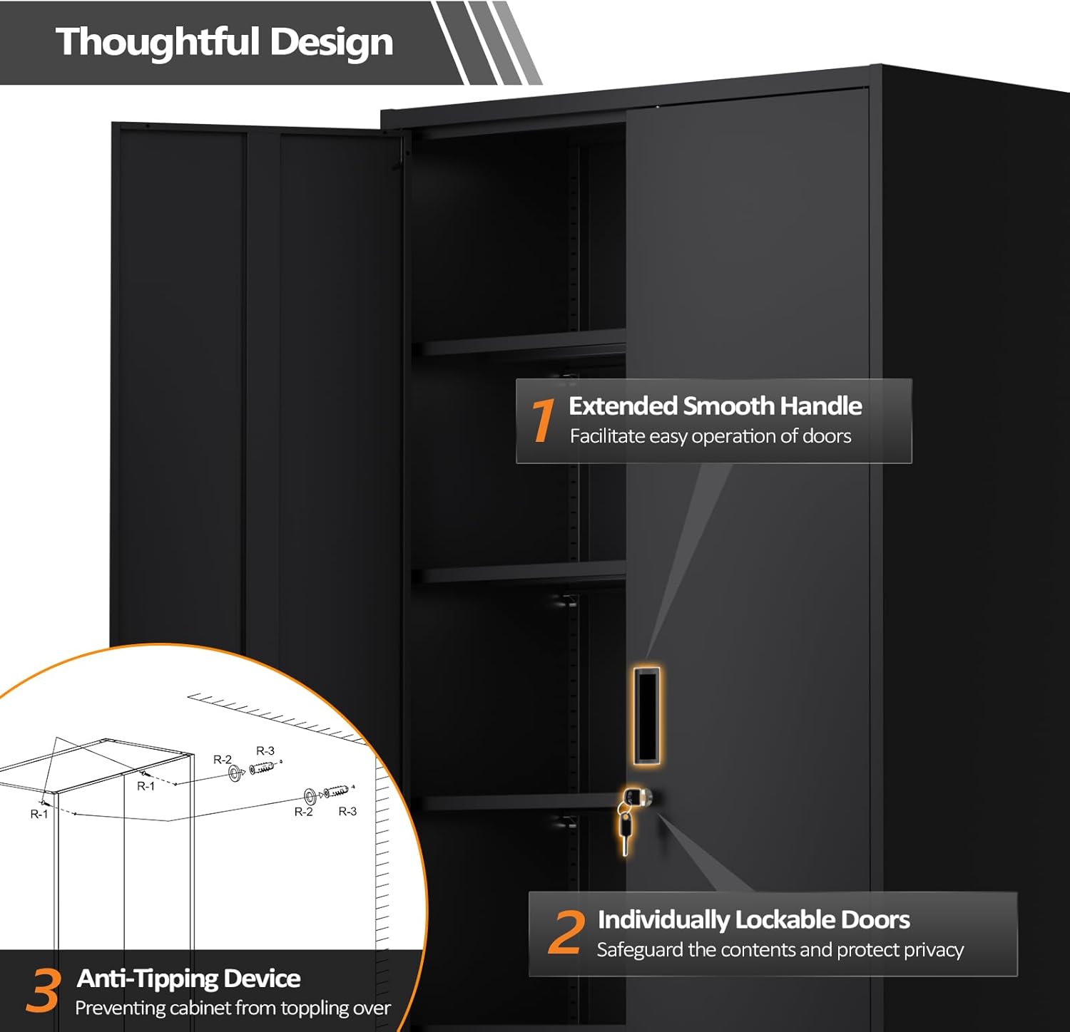 VINGLI Metal Garage Storage Cabinet with 2 Doors and 5 Adjustable Shelves, 71" Tall Steel Lockable File Cabinet, Locking Tool Cabinets for Home Office Garage Gym School (Black)