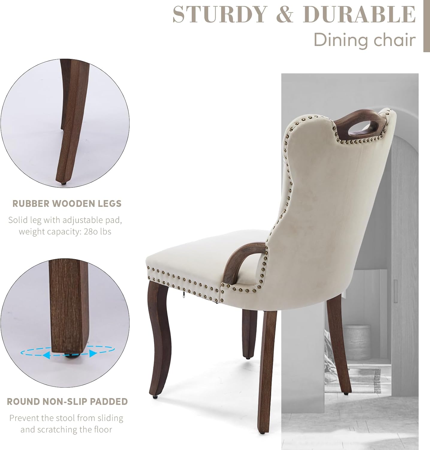 SoarFlash Velvet Dining Chair Set of 4, Solid Wood Handles, Upholstered Tufted Dining Room Chair with Nailhead Trim for Dining Room, Living Room, Office (Beige)