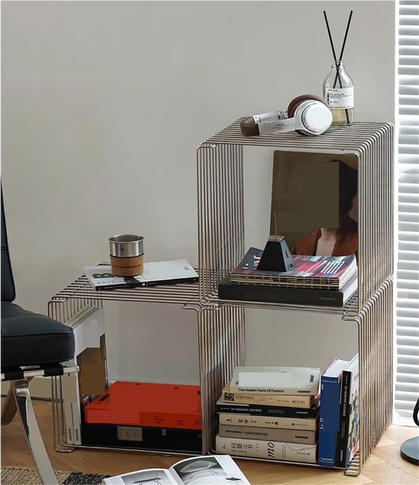 Square Retro Side Table, Metal End Table, Linear Coffee Table, Multi-Purpose Accent Table for Living Room, Bedroom, and Study(Silver,11.8x11.8x11.8in)