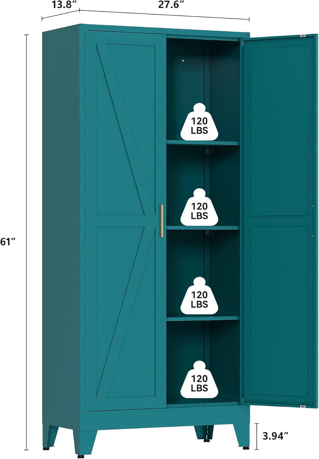 QINPTWUT 61" Metal Storage Cabinet, 4-Tier Kitchen Pantry with 3 Adjustable Shelves, Farmhouse Design Freestanding Cupboard for Kitchen, Bathroom, Laundry, Garage, Blue