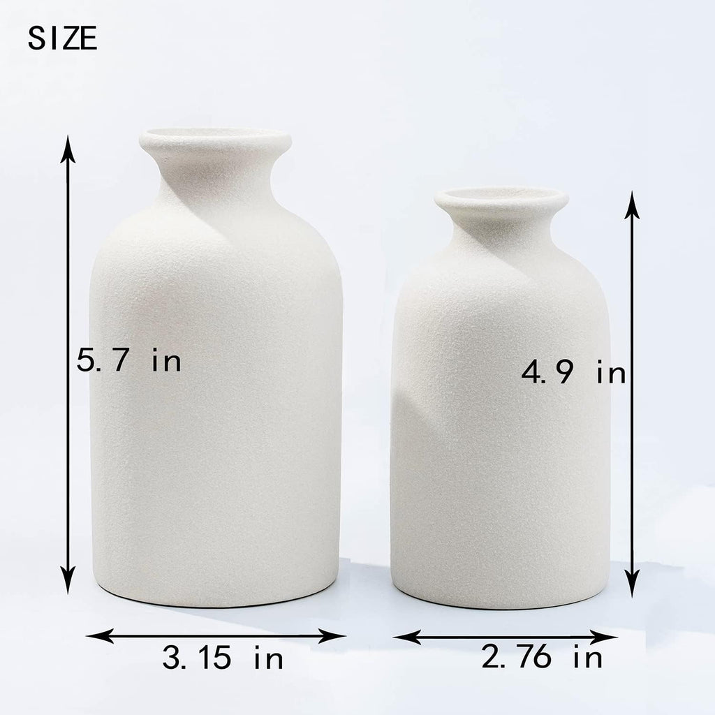 Hirdbrote Small Ceramic Vases for Decor, 2-Piece Set - Flower Vases, Modern Farmhouse & Rustic Home Decor, Wedding & Kitchen Centerpiece (5.5' & 4.7' Tall) (White)