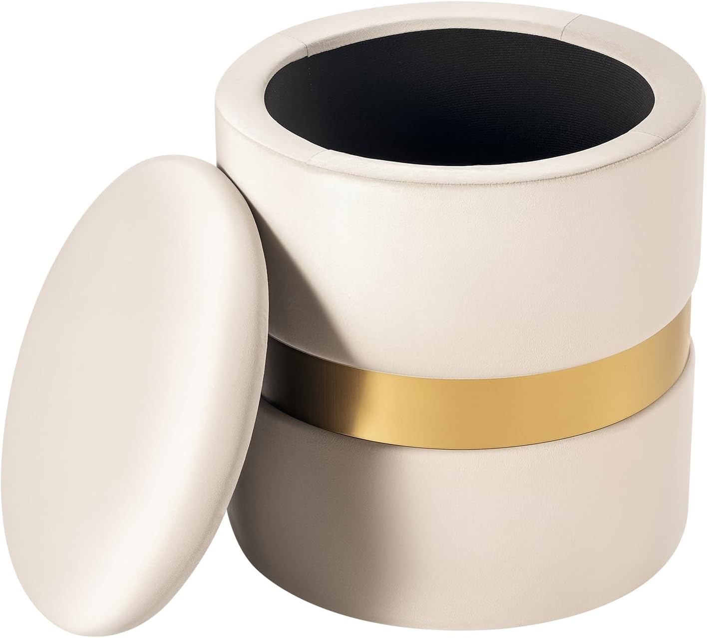 Joveco Round Storage Ottoman Set of 2, Velvet Upholstered Foot Rest Stool Vanity Footsool for Living Room, Bedroom, Light Beige