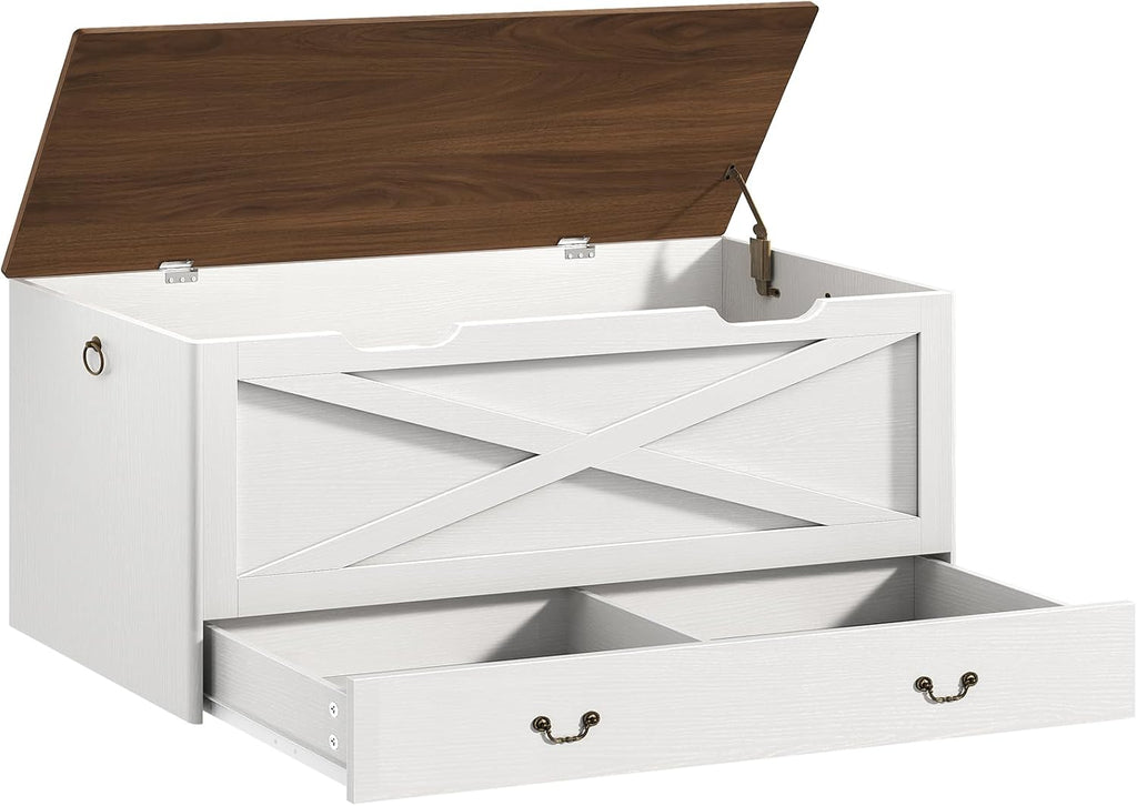 RALGEND Toy Chest, 39.4" Storage Chest with Drawer and Pull Handles, Wooden Storage Bench with Lift Top, Storage Trunk for Living Room, Bedroom, Entrance, White and Walnut