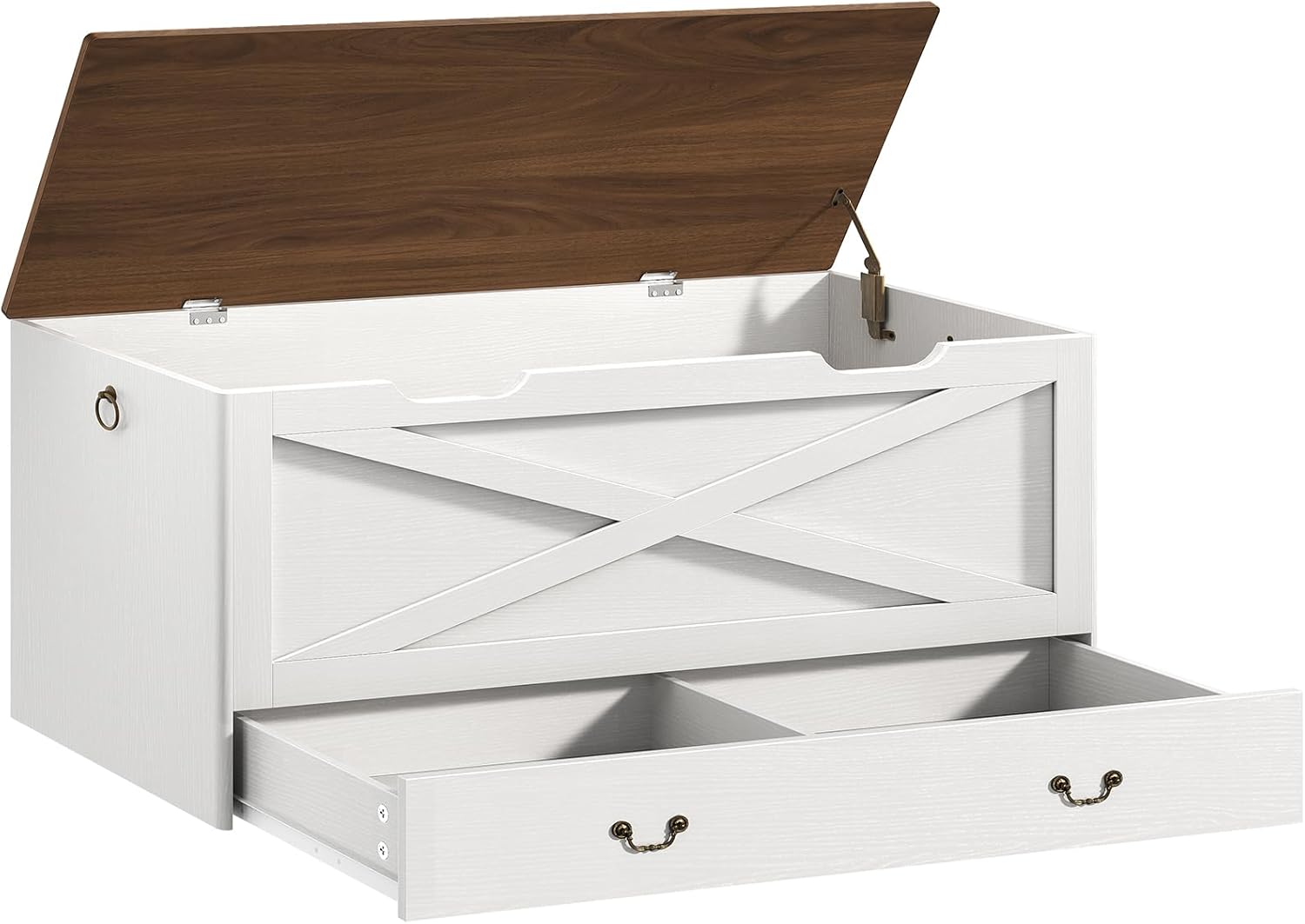 RALGEND Toy Chest, 39.4" Storage Chest with Drawer and Pull Handles, Wooden Storage Bench with Lift Top, Storage Trunk for Living Room, Bedroom, Entrance, White and Walnut