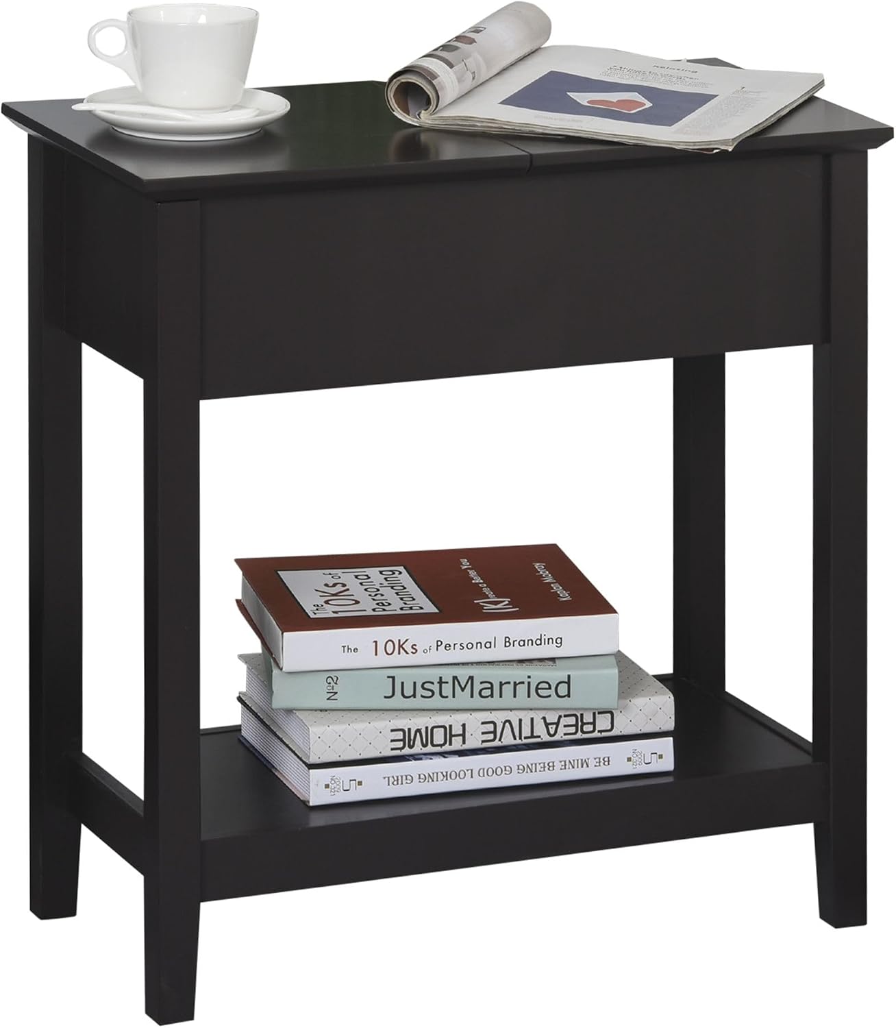 Hinge Cabinet End Table 24x18x30 possessing Bottom Shelf Durable Base Coffee Tone Finish Contemporary Appeal Premium Material