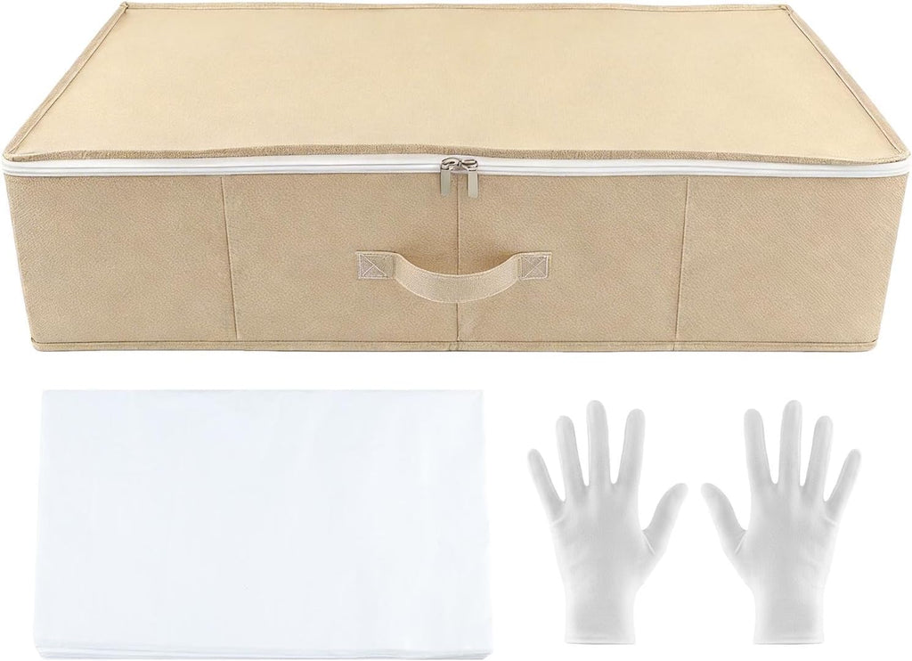Wedding Dress Storage Box with 30 Acid-Free Paper and Microfiber Gloves, Large Wedding Dress Preservation Box Beige Storage Boxs for Weddingdress Heirlooms Gowns