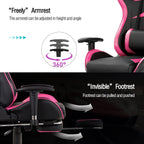 POWERSTONE Gaming Chair - Pink Ergonomic Gaming Chair with Footrest for Women Racing Esports Computer Chair High-Back Lumbar Massage Leather Recliner Rolling Swivel Chair (Pink)