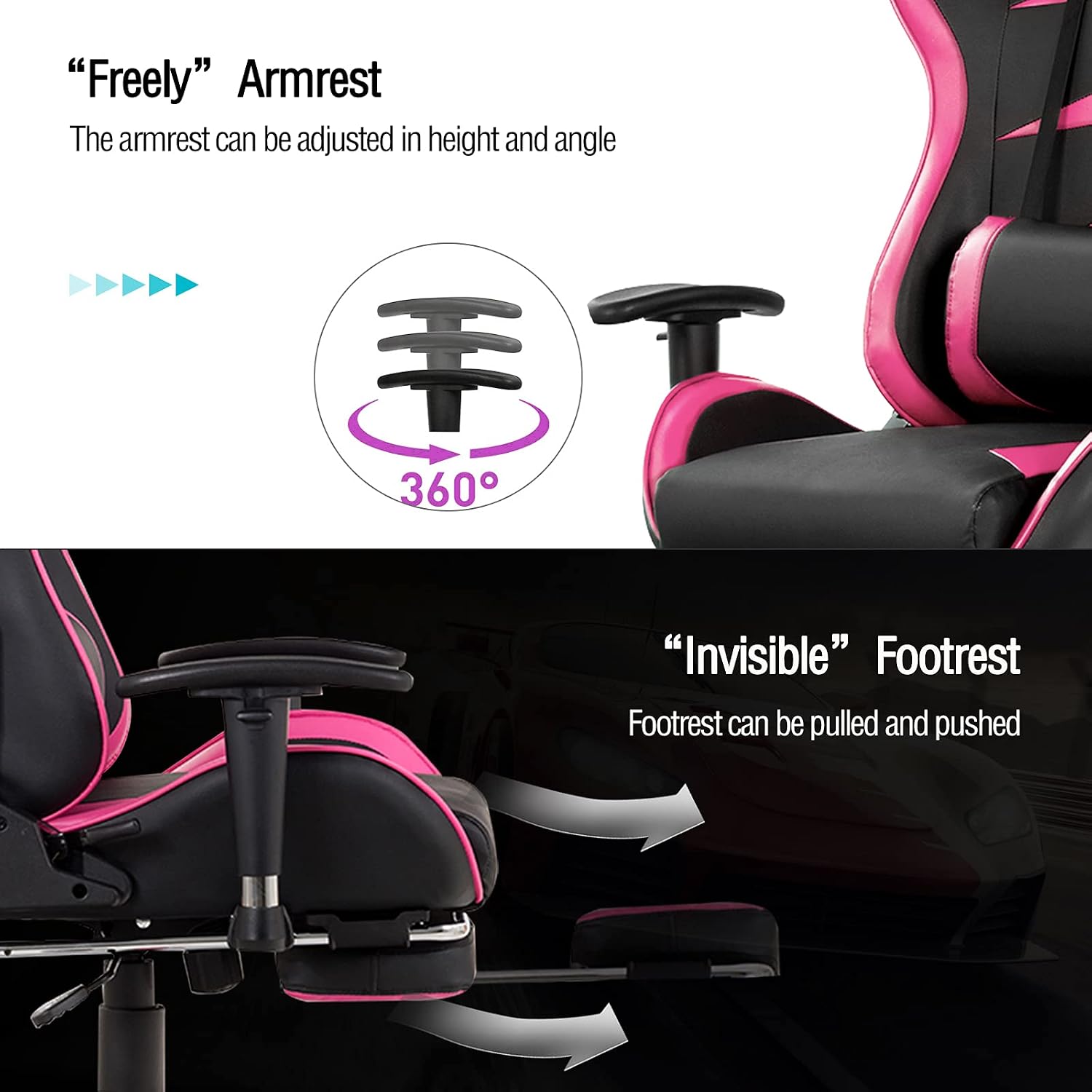 POWERSTONE Gaming Chair - Pink Ergonomic Gaming Chair with Footrest for Women Racing Esports Computer Chair High-Back Lumbar Massage Leather Recliner Rolling Swivel Chair (Pink)