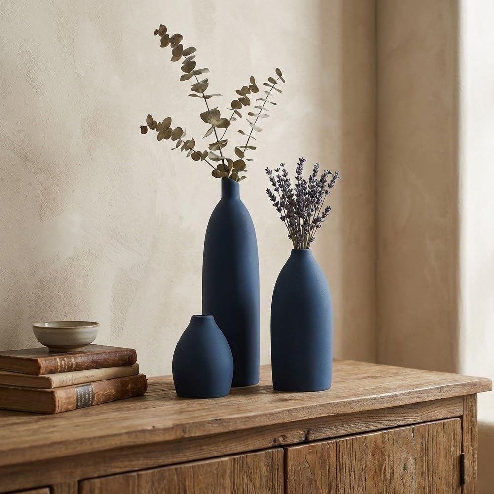 Blue Vase Set of 3, Navy Blue vase Trio Ceramic Bud Vases, Watertight Blue Ceramic vase Set with Non Slip Pads, Small Medium Tall Vases for Shelf Decor, Centerpieces