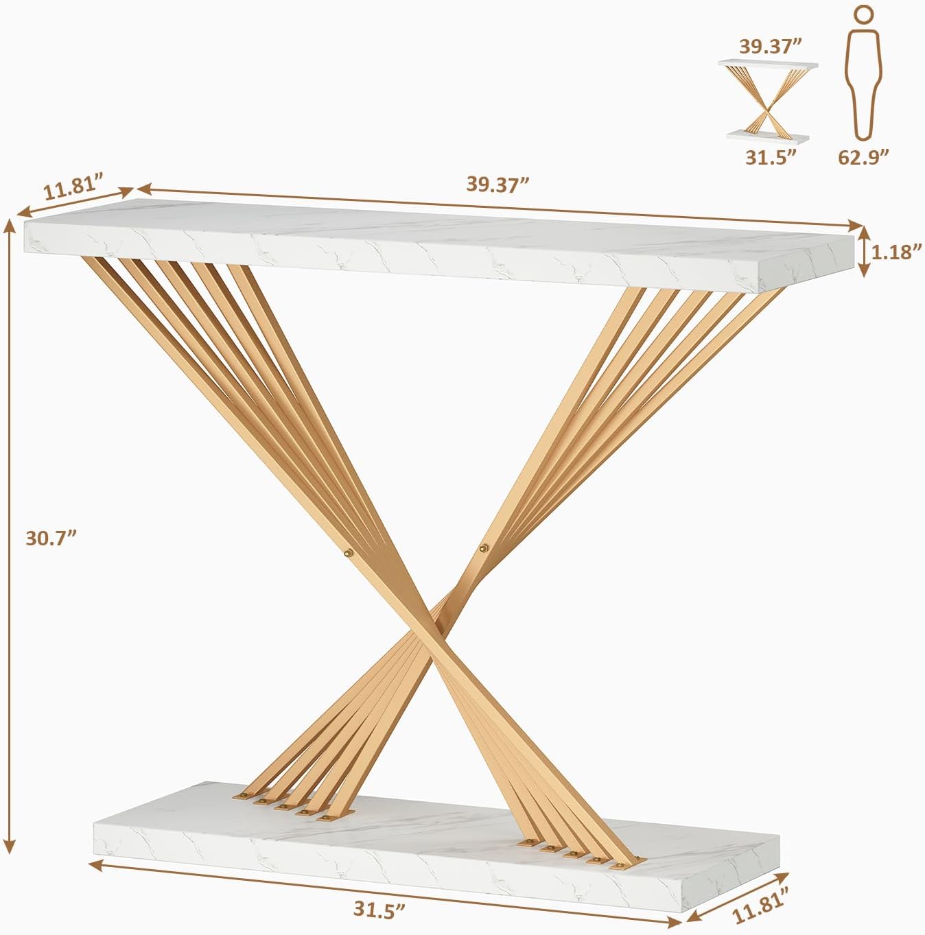 UNIQUITE 39.4 Inch Gold Console Table, White Faux Marble Modern Entryway Table Sofa Tables Behind The Couch for Entrance Hallway Living Room, X-Shape