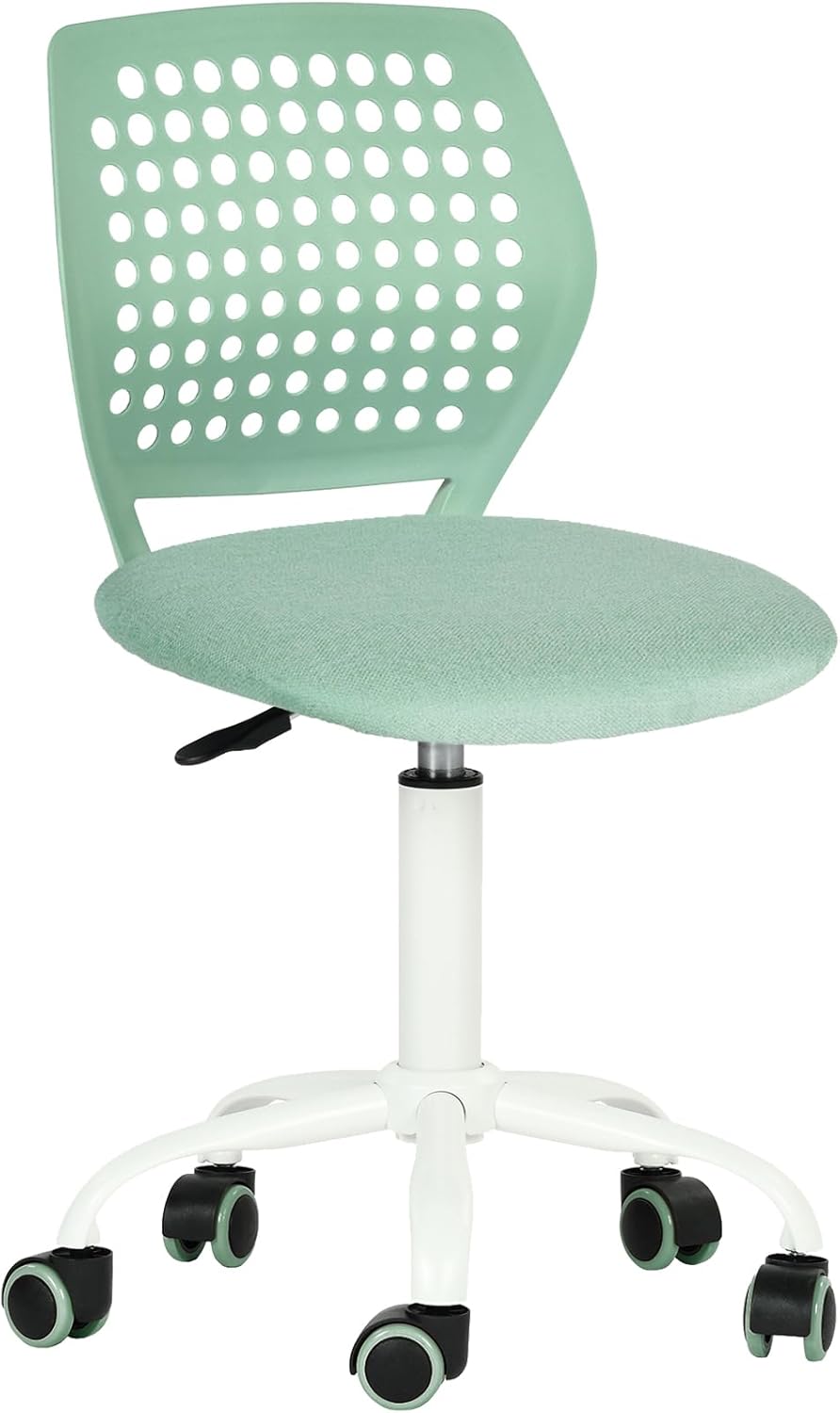 FurnitureR Armless Desk Chair with Wheels, Ergonomic Adjustable Height Swivel Task Chair with Breathable Back and Padded Seat, Rolling Study Computer Seating for Kids Teens, Mint Green