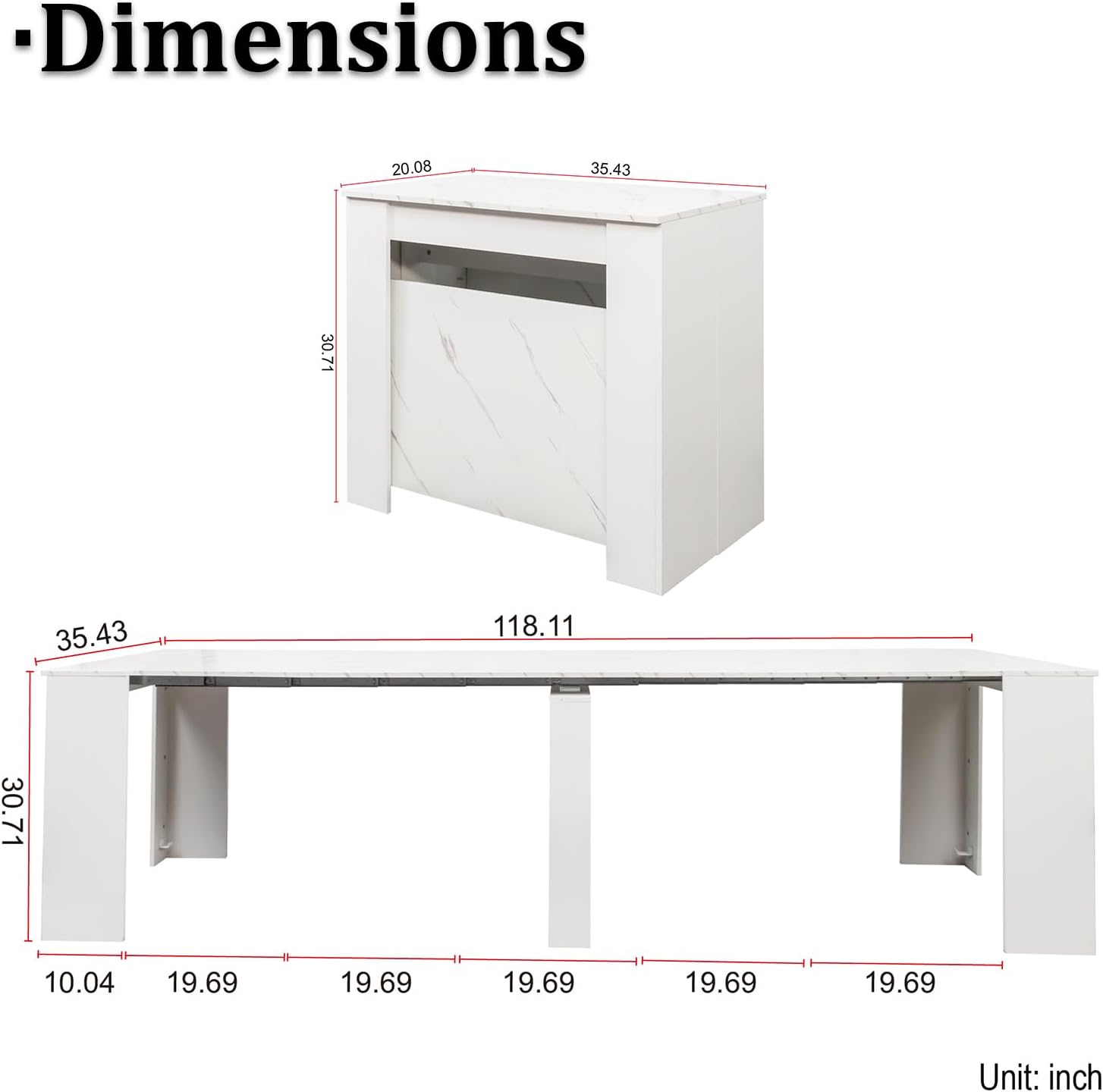 JOYSOURCE Extendable Dining Room Table for up to 12 People 20-119 inch Adjustable Large Extra Long Rectangular Space Saving Folding Dinner Table for Kitchen, Dining Room White Marble Finish